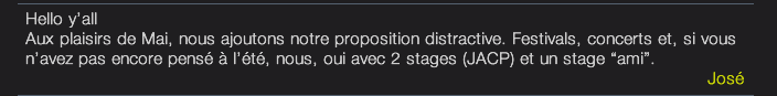 Hello y’all Aux plaisirs de Mai, nous ajoutons notre proposition distractive. Festivals, concerts et, si vous n’avez pas encore pensé à l’été, nous, oui avec 2 stages (JACP) et un stage “ami”. José 